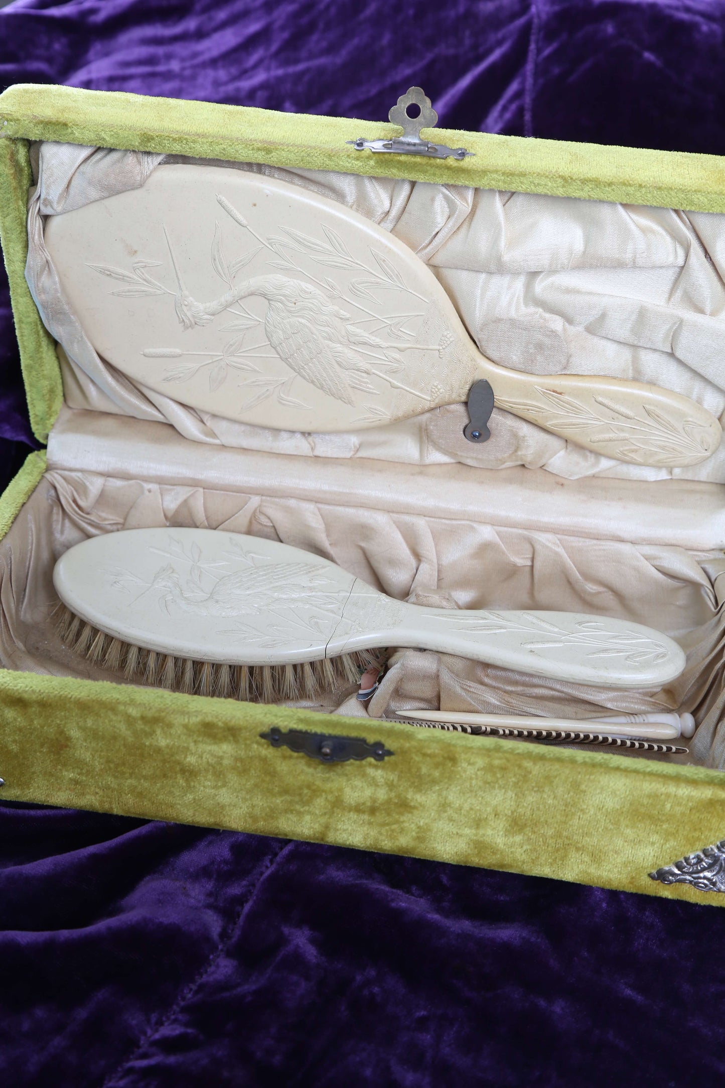 1890's RARE Absinthe Velvet Dresser Box Set