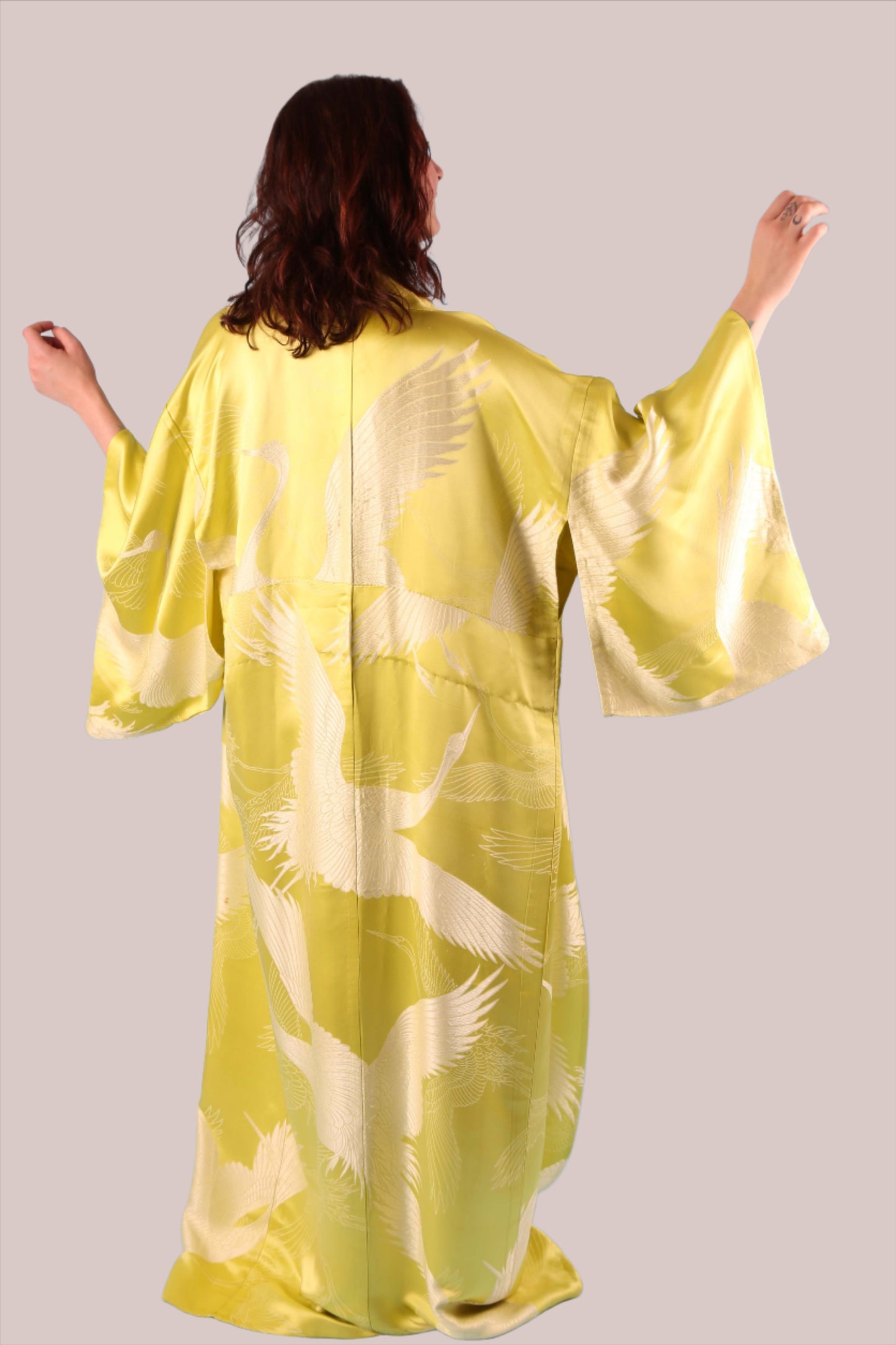 1950's Chartreuse Crane Silk Kimono