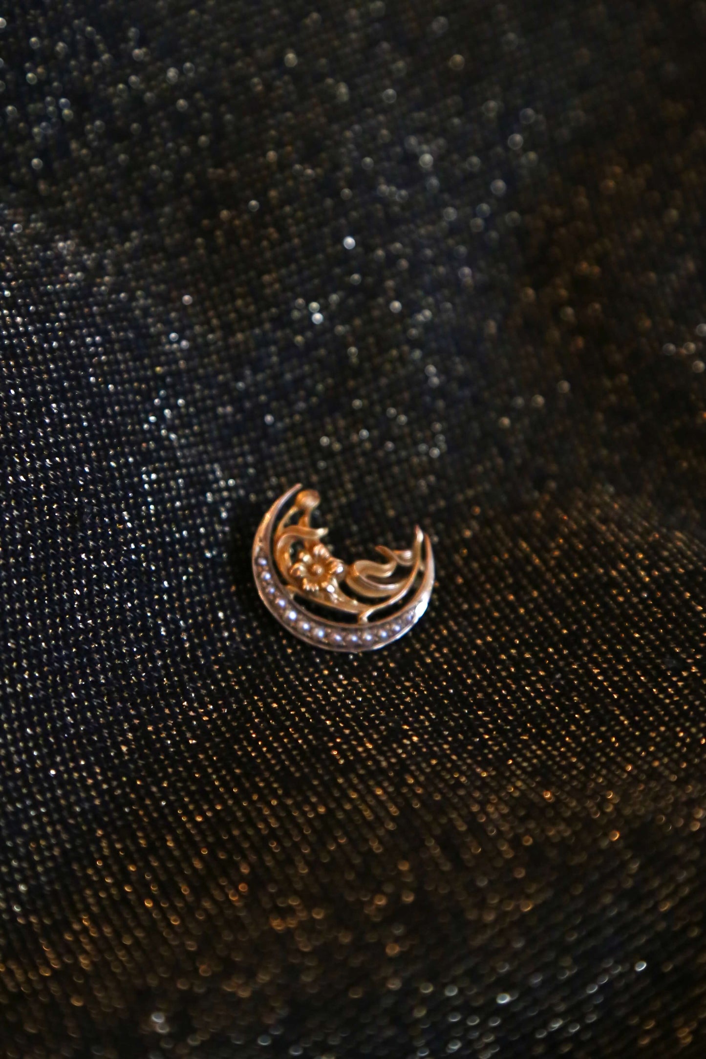 1900's 10KT Gold and Seed Pearl Moon Brooch