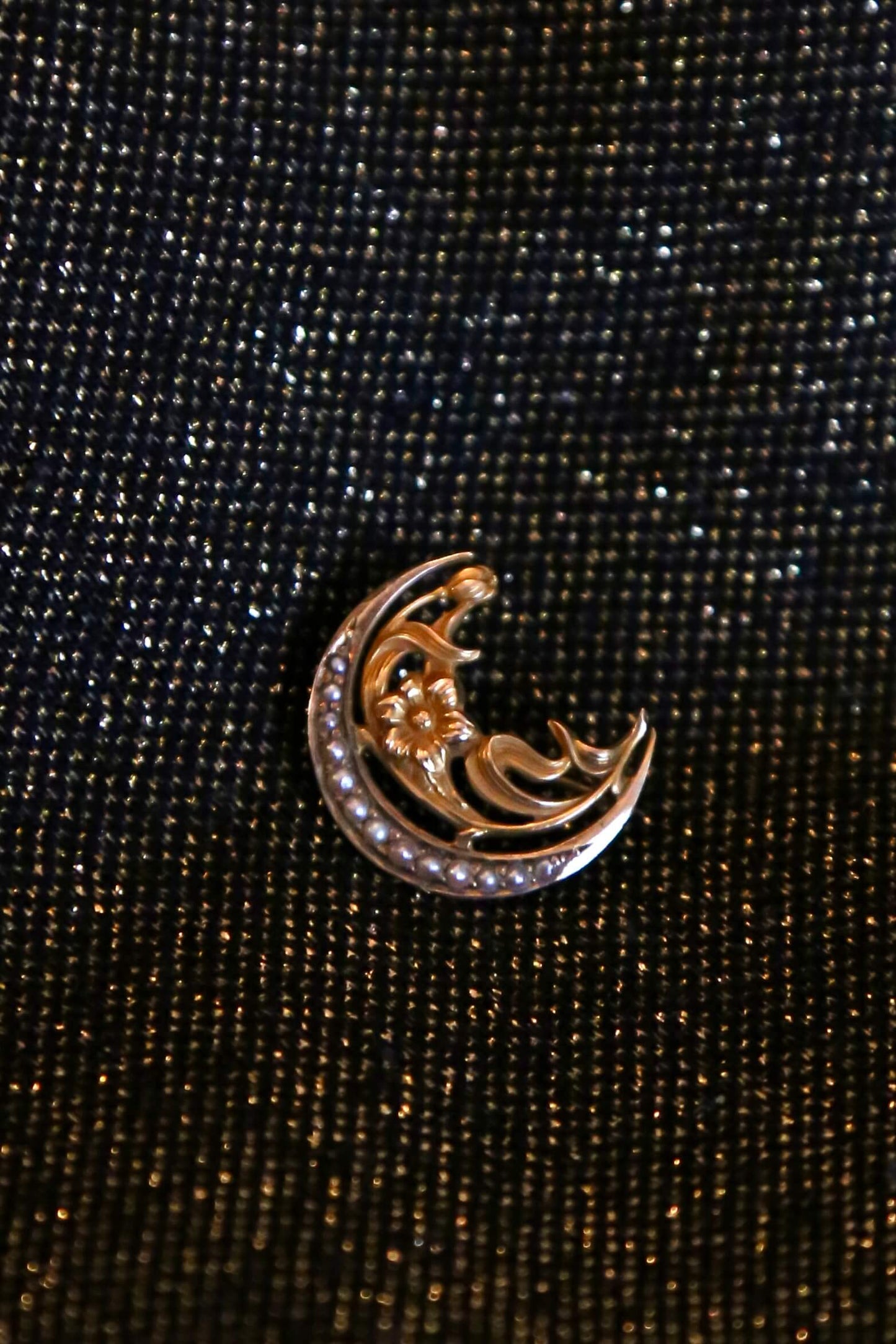 1900's 10KT Gold and Seed Pearl Moon Brooch