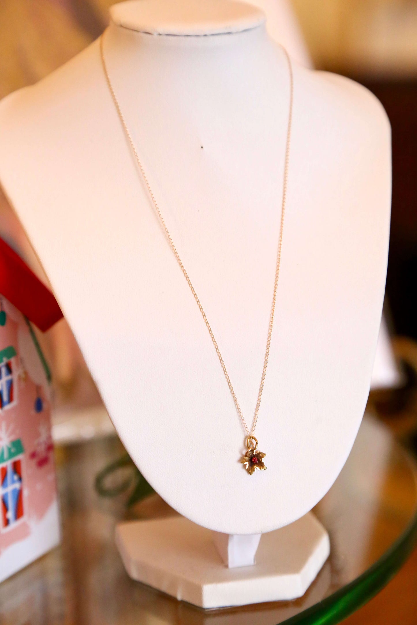 1930's Solid 14KT Gold and Ruby Maple Leaf Pendant