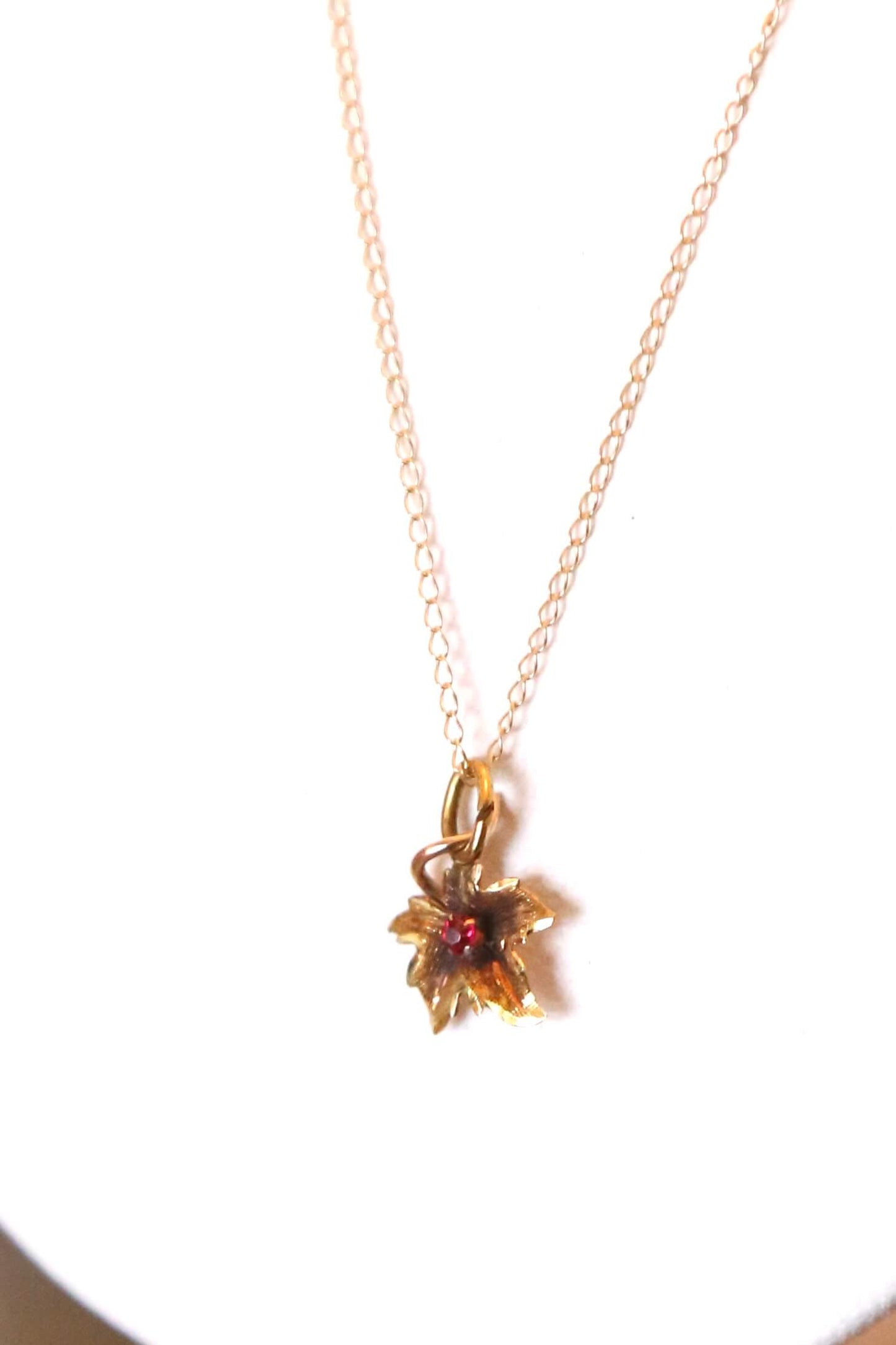 1930's Solid 14KT Gold and Ruby Maple Leaf Pendant